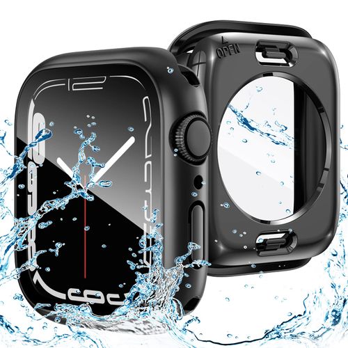Goton 2 in 1 Waterproof Case for Apple Watch Screen Protector 44mm SE 2nd Gen Series 6 5 4 SE, 360 Protective Glass Face Cover Hard PC Bumper + Back Frame for iWatch Accessories 44 mm, Black