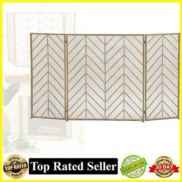 52x31" Gold Metal Brass Contemporary Metal Fireplace Screen with Chevron Pattern