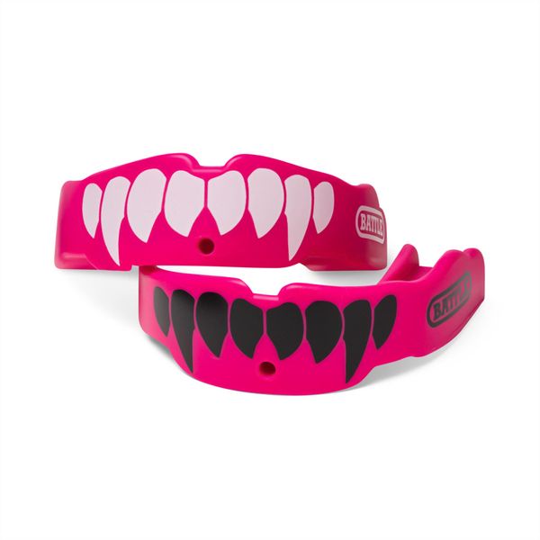 Battle Fangs Football Mouthguard – Sports Mouth Guard with Removable Strap – Protector Mouthpiece Fits With or Without Braces on Teeth – Adult & Youth Mouth Guard Sizes, 2 Pack, Adult (Age 10 & Up), Pink