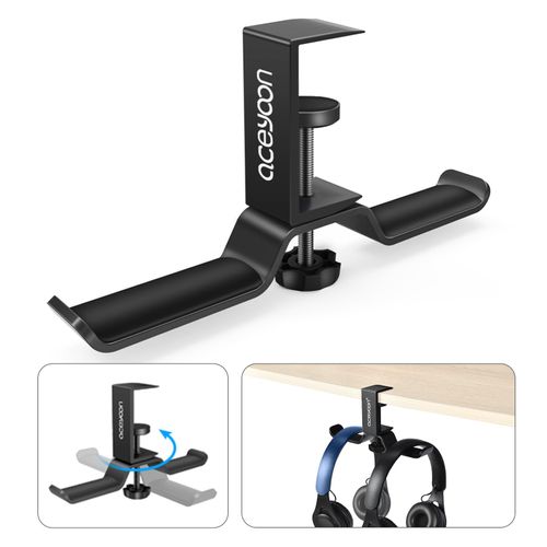 aceyoon Headset Holder, 360 Degree Rotatable Headphone Stand Dual Headset Stand Desk Aluminium Headphone Holder for Bluetooth Gaming Headset and Headphone Hook, Black