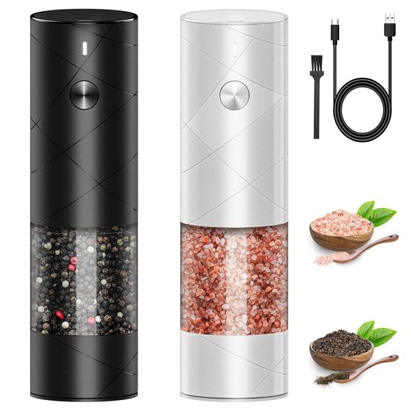 HOMELYLIFE Electric Salt and Pepper Grinder Set, USB Rechargeable Salt and Pepper Mill with Ceramic Grinder and LED Light, Adjustable Coarseness, One Touch Operation