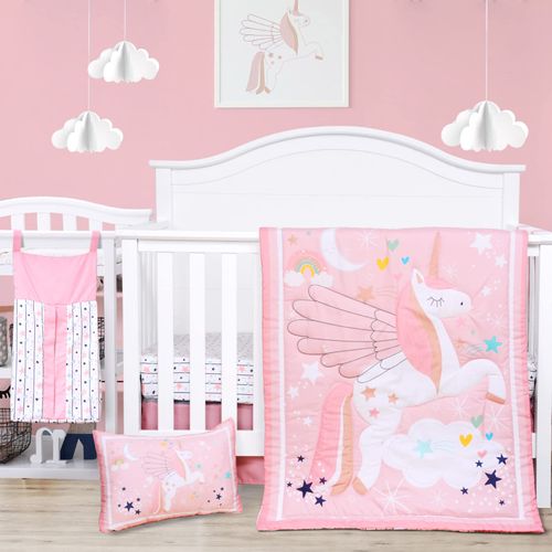 JISEN 5 Piece Crib Bedding Set for Girls Unicorns Baby Girl Bedding Crib Set Nursery Bedding Sets - Crib Quilt Crib Sheet Pillowcase Crib Skirt Diaper Stacker