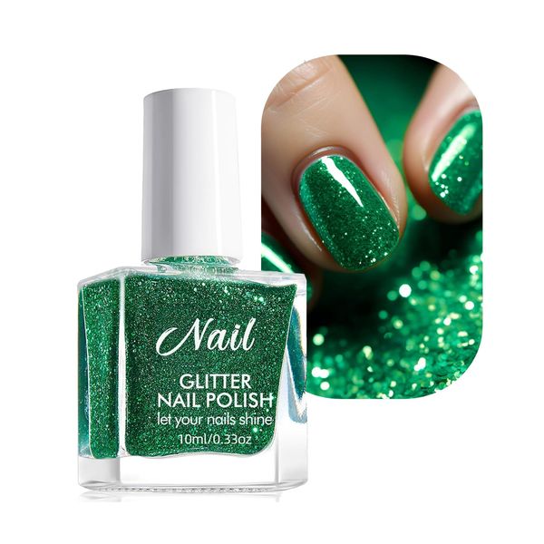 Green Glitter Nail Plish, Glitter Green Nail Polish Quick Dry Long Lasting Emerald Green Nail Varnish Water Based Christmas Green Nail Gel Polish Breathable Nail Polish Home Nail Art