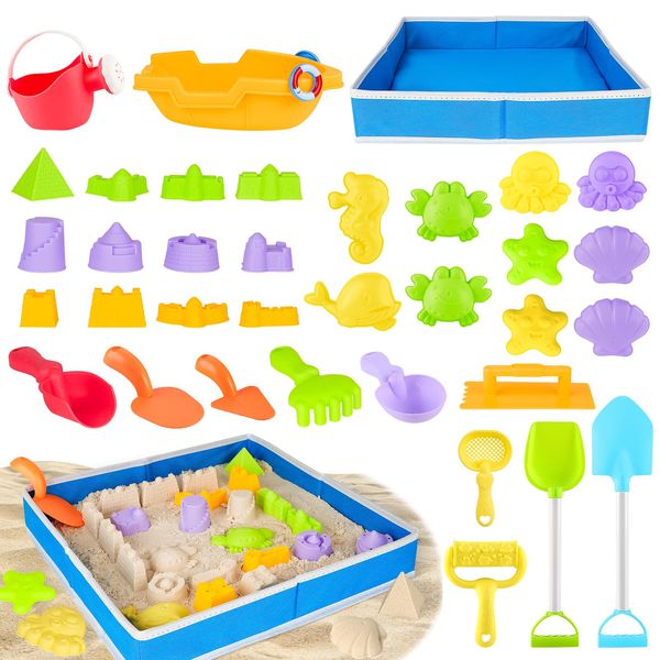 deAO Beach Sand Toys Set 35 Pcs,Sandbox Toys with Sand Molds, Shovels, Sand Castle Molds Kit, Rakes and Watering Pot, Outdoor Toys for Kids Toddlers Boys Girls Age 3+