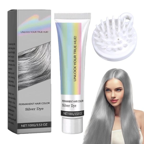 Haarfarbe Grau Silber Natural Silver Gray Hair Dye Cream, Grauhaarfärbecreme Silbergraue, Silver Gray Natural Hair Dye Cream Grauhaarfärbemittel für Alle Haartypen mit 1 Kopfhautmassagegerät (100ml)