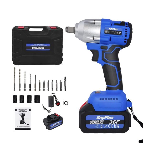 420Nm Wheel Wrench Electric for Car Tyre Scaffolding Lug Nut Removal Wheel Brace, 3200RMP, 1 x 6.0Ah Li-ion Battery, 4 Sockets and 12 Drill Bits
