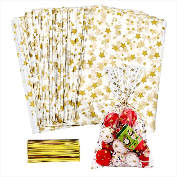 LEOSINDA 100 pcs Clear 5"X 11" Flat Gift Wrap Cellophane Bags Cello Bags Cookie Bags Treat Bags with Twist Ties Poly Bag 1.3 mil for Bakery, Cookie, Candies Gold Star Printed