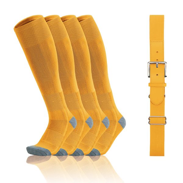 QBK Toddler Baseball Socks And Belt Youth Softball Tee Ball Combo Set for Boy Girl (2 Pairs of Socks & 1 Belt) Yellow 2-4T