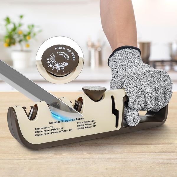 Knife Sharpener,4 in 1 Manual Knife Sharpener with Scissors Sharpener,Knife Sharpener Professional with 6 Levels Individually Adjustable,Ergonomic Handle Knife Sharpening for Kitchen Knives,With Glove