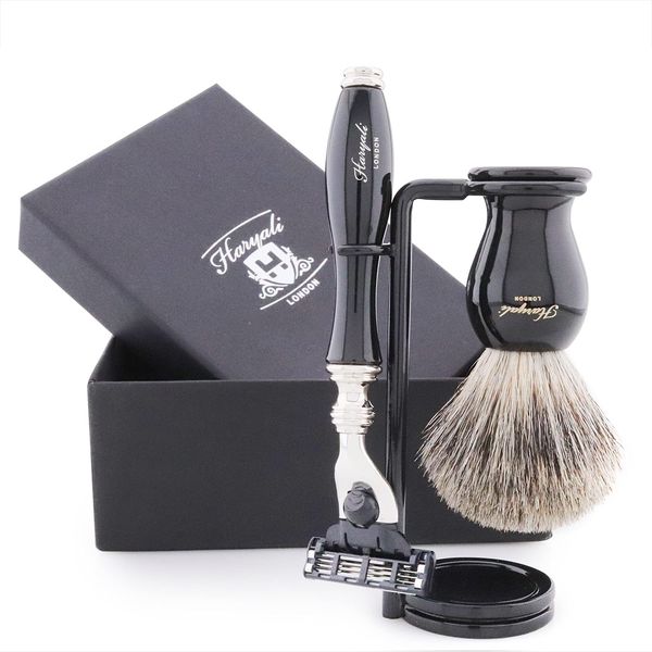 Haryali London 3 Edge Safety Razor With Black Badger Hair Brush and Stand Perfect Shaving Kit For Mens