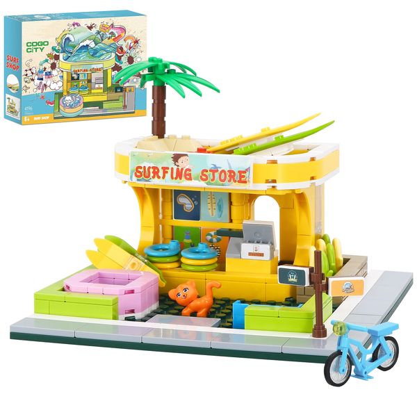 BRICK STORY Beach Surfer Shop Building Blocks Toys Friends Beach Vacation Building Set Beach Store with Surfing Accessories Building Kit Gift for Kids Aged 6-12 and up，306 Pcs