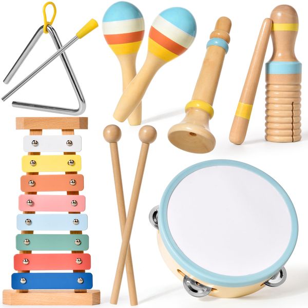 Baby Musikinstrumente Montessori-Holzspielzeug für Kleinkinder von 1-3 Jahren, 6 in 1 Musikinstrumente Holzspielzeug,Montessori Spielzeug ab 3 Jahre mit modernem Boho-Xylophon für Kinder Vorschulbildu