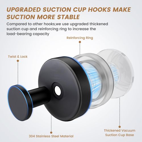 BKV Suction Cup Hooks for Shower,Glass Window,Removable Shower Hooks for Inside Shower,Metal Towel Hooks for Bathrooms,4 Pack(Black)