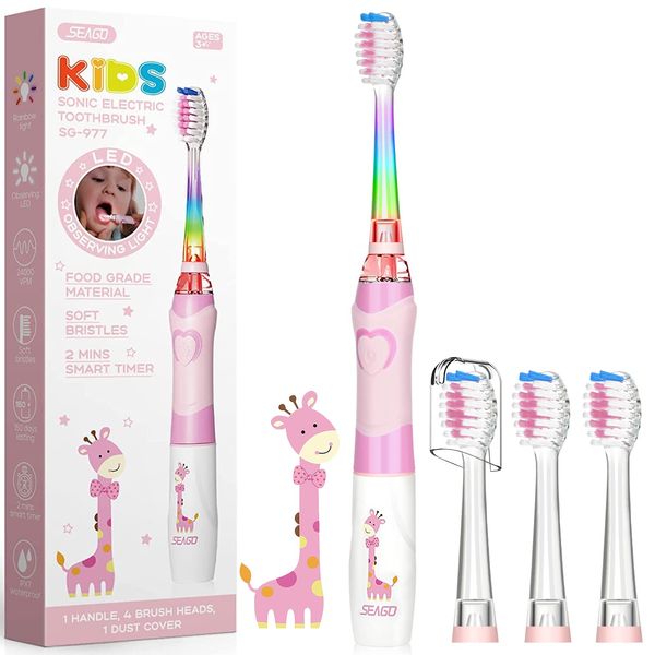 Kids Electric Toothbrushes Age 3+ Years Toddler Childrens Battery Toothbrush with Timer Colorful Flashing Light 4 Brush Heads for Baby Childs Boys Girls Waterproof Deep Clean Seago SG977 (Pink)