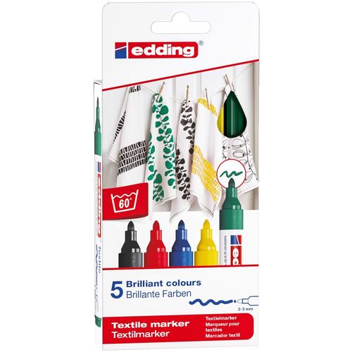 edding 4500 textile marker - black, red, blue, green, yellow - 5 pc. - round nib 2-3 mm - permanent fabric markers for drawing on textiles, wash-resistant up to 60°C - marker pens for fabric lettering