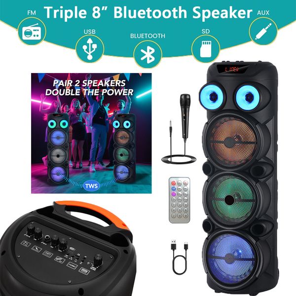 8000W Powerful Sound System Triple 8" Bluetooth Party Speaker AUX/TF/USB/FM/TWS