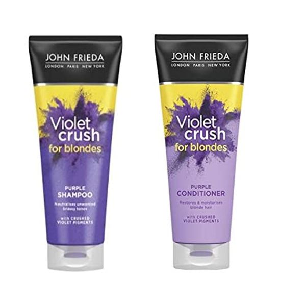 (250ml tubes) John Frieda Violet Crush Colour Correcting Shampoo and Conditioner Set For Banishing Brassy Tones in Blonde Hair