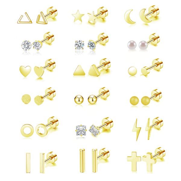 18 Pairs Tiny Cartilage Stud Earrings for Women Men Star Moon Heart Disc Ball CZ Small Screwback Flat Back Stud Earrings Stainless Steel Geometric Barbell Flatback Earrings Piercing Set