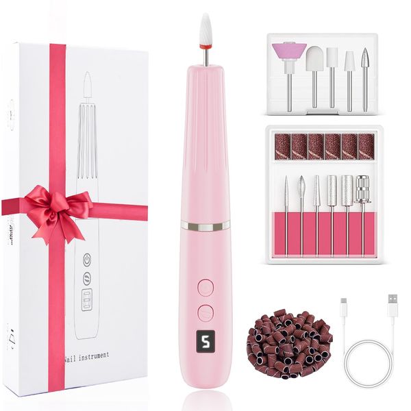 Professional Nail Drill Kit ; Portable Electric Nail File Set for Acrylic Gel Nails, Nail Filer Electric for Beginners and Professionals Manicure and Pedicure Set with Rechargeable, Lightweight, Pink