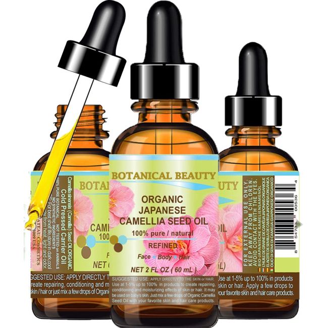 Japanese ORGANIC CAMELLIA Seed Oil. 100% Pure Natural Undiluted Refined Cold Pressed Carrier Oil to revitalize and rejuvenate the hair, skin and nails. 2 Fl. oz 60 ml.by Botanical Beauty