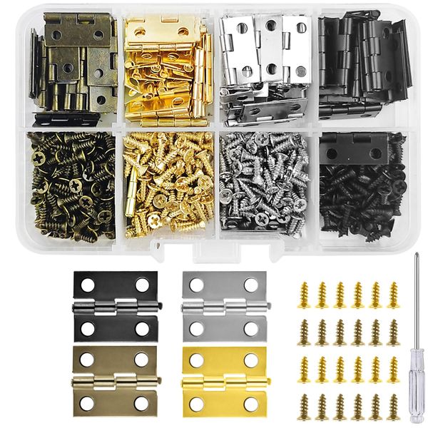 Bohoray 112pcs Small Cabinet Hinges, 18 * 15 mm Small Hinges for Wood, 4 Colors Mini Hinges with 448 Screws, Folding Butt Hinges with Screwdriver,Box Hinges for Jewelry Box, Cabinet, DIY Crafts Box