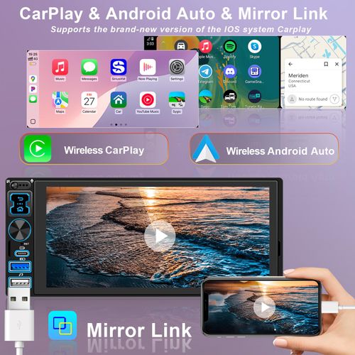 Single DIN Car Stereo Radio with Wireless Apple CarPlay & Android Auto, 6.9" IPS 1280x600 Touchscreen, Bluetooth 5.2, FM Radio, Backup Camera, 1 DIN Head Unit, 180W Subwoofer Out, Type-C Fast Charging