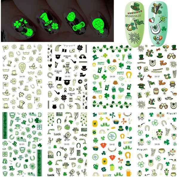 Konsait Luminous St. Patrick’s Day Nail Art Stickers(400 Patterns), Glow in The Dark Self-Adhesive Nail Decals, Leprechaun Shamrock Green Hat Beer, for Kids Girls Women DIY Nail Salon Decoration