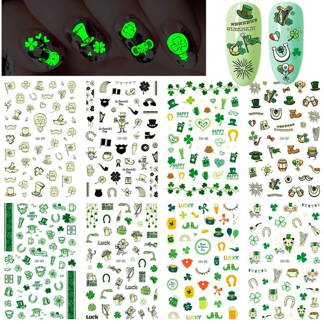 Konsait Luminous St. Patrick’s Day Nail Art Stickers(400 Patterns), Glow in The Dark Self-Adhesive Nail Decals, Leprechaun Shamrock Green Hat Beer, for Kids Girls Women DIY Nail Salon Decoration