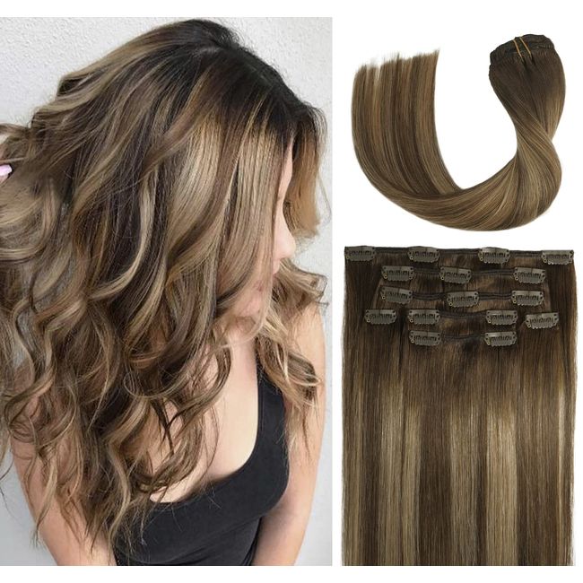 VARIO Echthaar Clip in Extensions Balayage #4T27P4 Schokobraun bis Dunkelblond 70G 7PCS Extensions Echthaar Clip Geschenk für Frauen (15 Zoll/38CM)