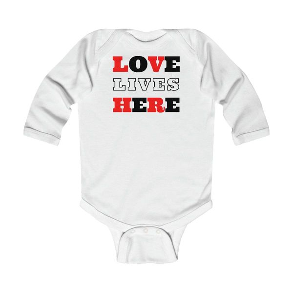 Infant Long Sleeve Bodysuit, Love Lives Here Christian Inspiration - White / 18M