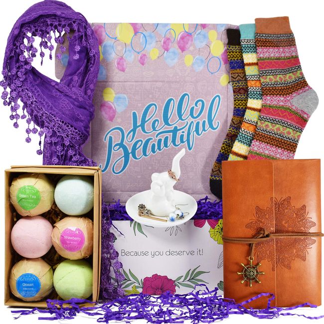 Gift Basket for Women - The Gift Set for Women Contains: 6 Bath Bombs, 3 Pairs of Socks, 1 Leather Journal, 1 Elephant Ring Holder and 1 Scarf. Gifts for Women or Birthday Gifts for Women
