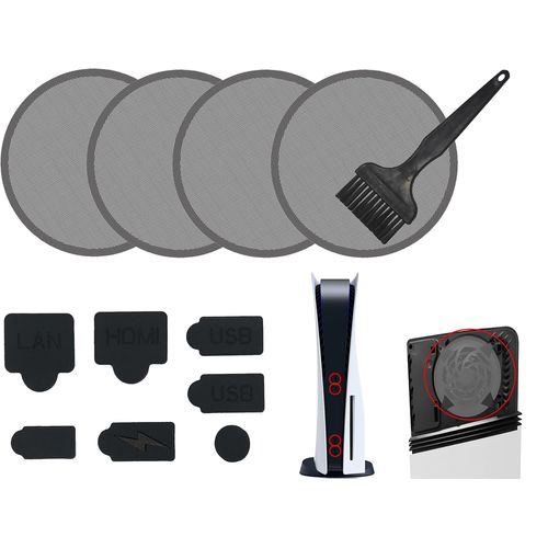 Dust Cover Kit with Cleaning Brush, 7-Piece Port Plug Set and Fan Filter for PS5 Slim, Pro, Digital and Disc Console Models