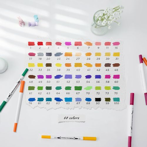 Ohuhu Colouring Pens, 60 Dual Tip Brush Pens Felt Tip Pens, Art Markers with Fineliner, for Adults Colouring Book Drawing Calligraphy Sketching Highlighting Journal, for Gift