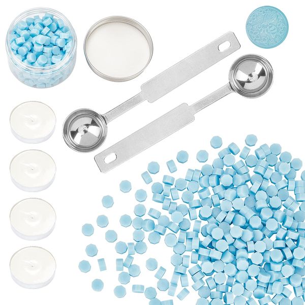 CRASPIRE 300PCS Wax Seal Beads Kit Light Blue, Sealing Wax Beads Set Packed in Container, 2PCS Wax Melting Spoon and 4PCS Candles for Wax Seal Stamp, Sealing Envelopes, Invitaions, Cards