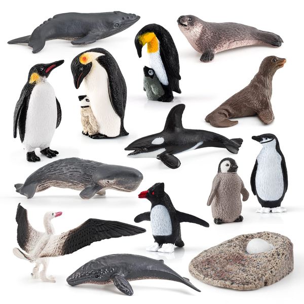 WONWONTOYS 14PCS Antarctica Penguin Figurines Toy Playset Arctic Penguin Lifecycle Realistic Sperm Whale Toys Cake Decoration Christmas Birthday Party Supplies Decor