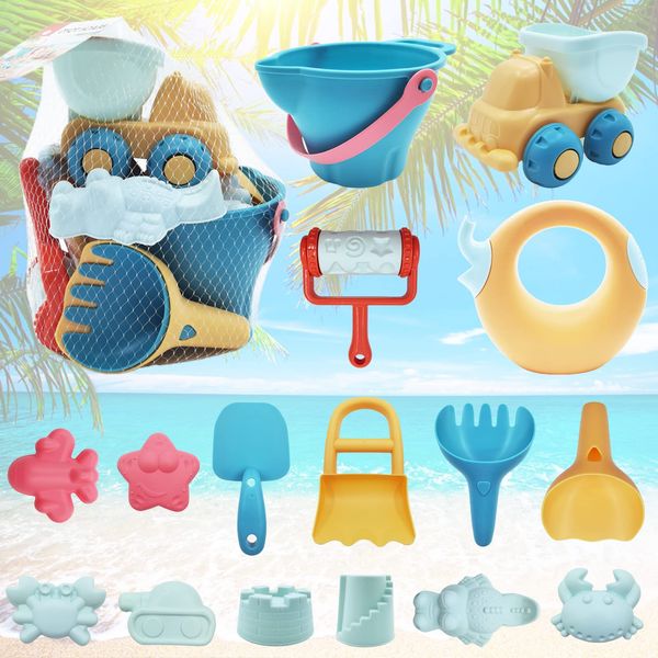 OCOCAO Beach Toys Sand Toys Set for Kids, Water Toys with Mesh Bag Including Dump Truck, Sand Bucket, Watering Can, Rakes, 9 Sand Molds, Sandbox Toys for Toddlers, Soft Plastic, 16PCS