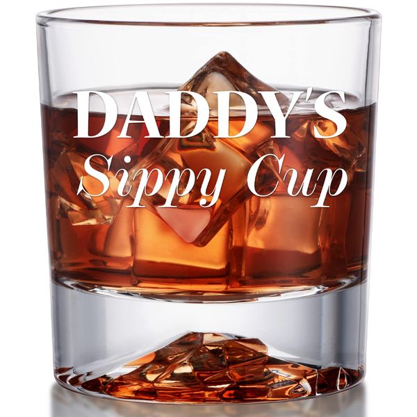 PONPUR Gifts for Dad Men Fathers Day, Daddy's Sippy Cup Whiskey Glass, Funny Birthday Gag Dad Husband Gifts Ideas from Daughter Son Kids, Stocking Stuffers, Bourbon Scotch Gifts for Expecting Father