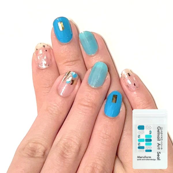 Meruform 3D Nail Stickers, For Hands, Just Stick On, Transparent, Simple, Gel Nails, Turquoise Blue