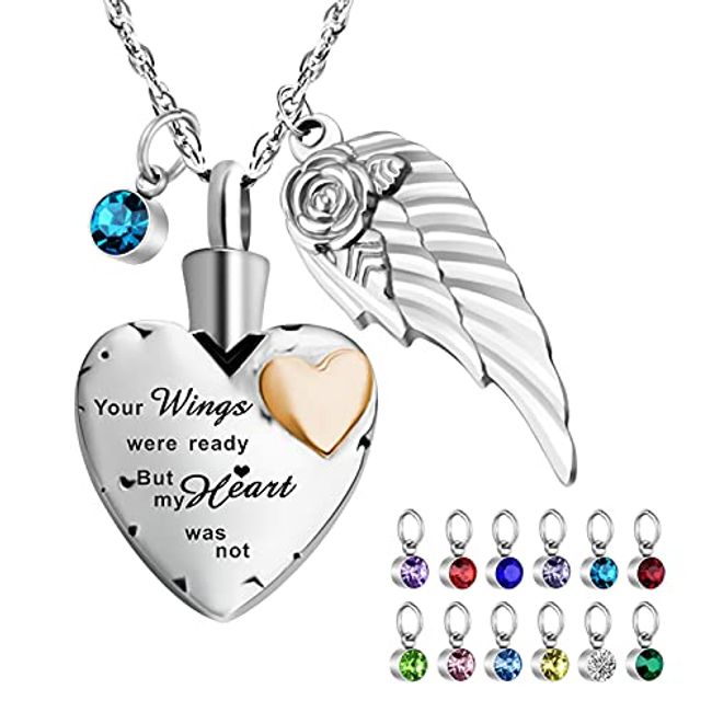 Heart Urn Necklaces for Ashes with 12 Pcs Birthstones Cremation Necklace for Ashes Stainless Steel Cremation Jewelry - Your Wings Were Ready, But My Heart Was Not