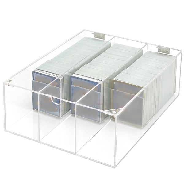 Bigfety Acrylic Card Deck Storage Box, 3 Compartment Clear Visible Trading Card Holder Case Fits for Sport Cards, Game Cards