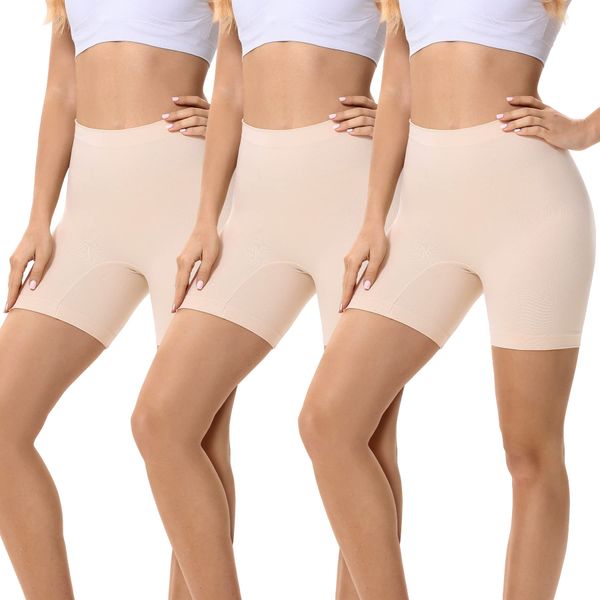 FALARY Damen 3er Pack Anti Scheuern Kurze Leggings SommerRadlerhose Damen Slipshort Höschen Yoga, Fitness Hotpants,Täglich Tragen Beige L