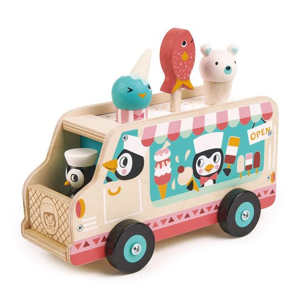 Tender Leaf Toys - Penguin’s Gelato Van - Food Truck Style Pretend Play, Ice Cream and Ice Lolly Wooden Vehicle - Encourage Role Play and Develops Social Skills for Children - Age 18m+