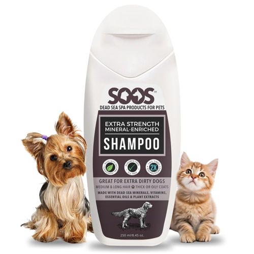 Soos Pets Shampoo Extra Strength for Cat and Dog Shampoo Natural Dead Sea Mineral Enriched Fast Absorbing with Vitamins Essential Oils Natural Ingredients Antib-acterial - 1x 250ml