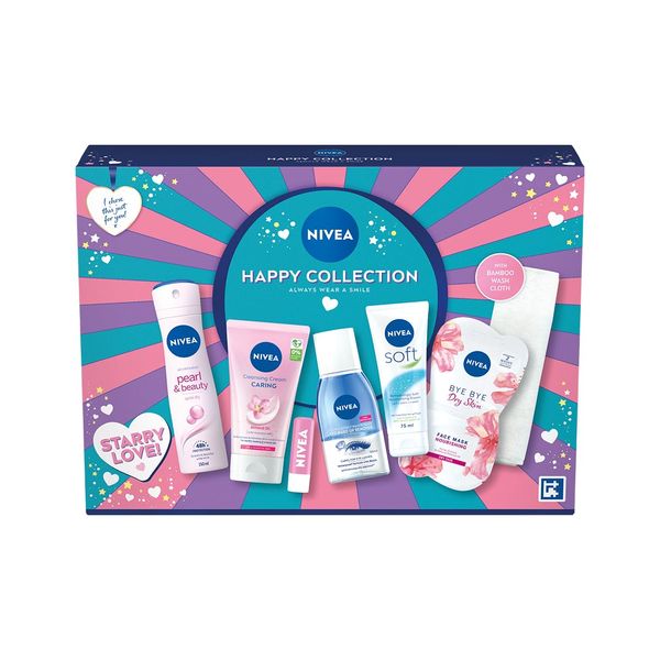 NIVEA Happy Collection Skincare Gift Set, Women's Gift Set with Anti-Perspirant, Facial Cream, Lip Balm, Eye Make-Up Remover, Moisturiser, Face Mask, Wash Cloth