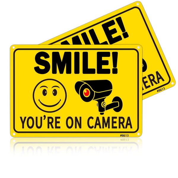 Smile Your on Camera Signs, Camera Signs for Home Security,Video Surveillance Signs Outdoor, Aluminum 7*10 inchs, Security Camera Sign for Security camera sign for home, Driveway Alert, CCTV (2-Pack)