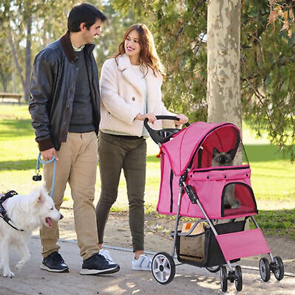 4 Wheel Pet Stroller Foldable Dog Stroller Cat Stroller with Storage Basket Pink