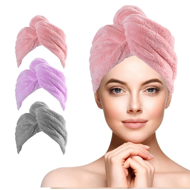 URAQT Microfiber Hair Towel Wrap for Woman, 3 Pack Hair Turbans for Wet Hair, Quick Dry Hair Turban Anti Frizz for Drying Curly Long Thick Hair