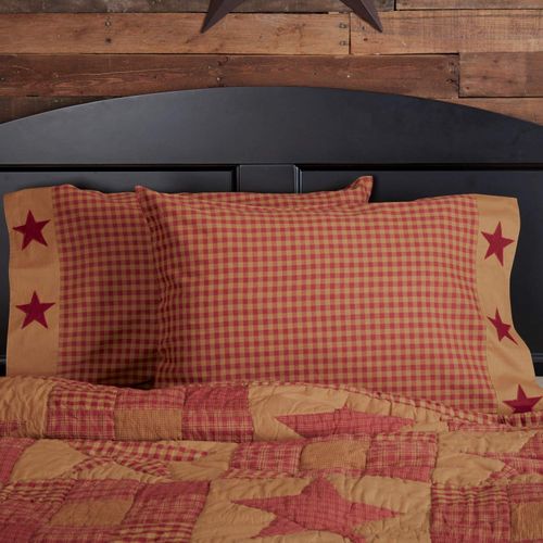 VHC Brands Ninepatch Star, Standard Pillow Case w/Applique Border Set of 2, Red, 21x30