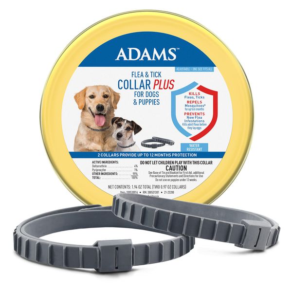 Adams Flea & Tick Collar Plus for Dogs & Puppies |2 Pack |12-Month Protection |One Size Fits All Dogs & Puppies 12 Weeks and Older |Kills Fleas and Ticks |Repels Mosquitoes (excluding California)