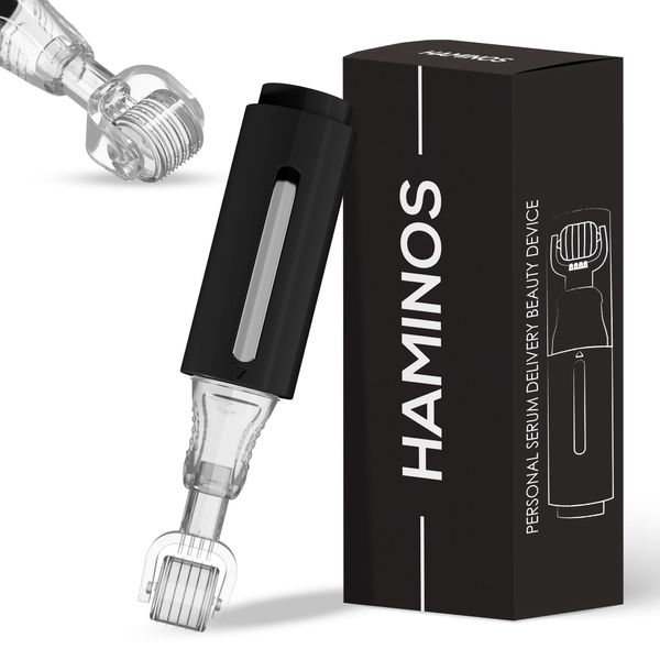 HAMINOS Black Derma Roller 0.25 mm with Serum Reservoir + Step by Step Guide, Microneedle Roller for Skin, Hair, and Beard, 140 Titanium Needles (0.25 mm Needle)